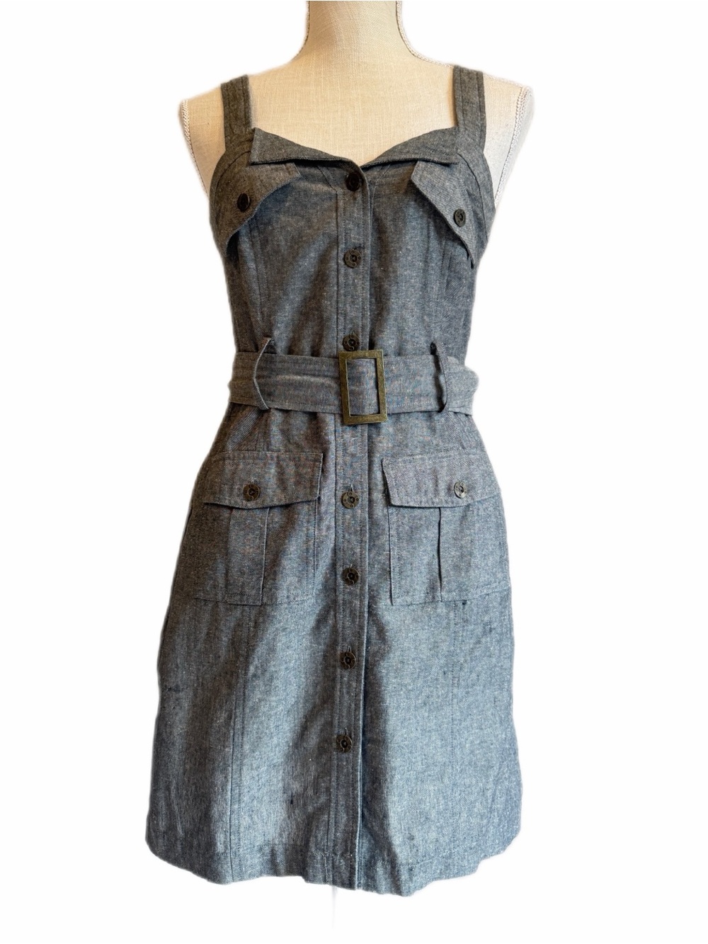Vintage Gray Chambray Belted Safari Utility Mini Dress Linen Cotton